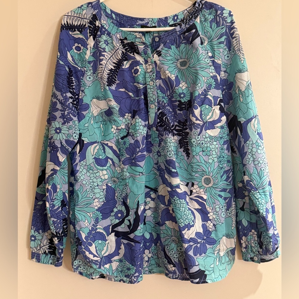 Talbots Floral Button-Front Peasant Blouse in Aqua, Teal & Blue